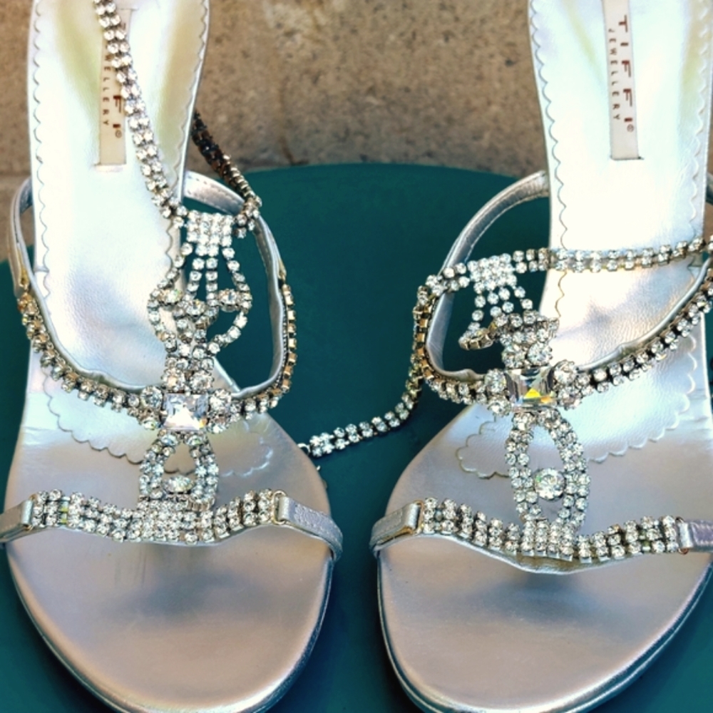 Tiffi silver leather & rhinestone ankle-strap stiletto sandals, EU40, new